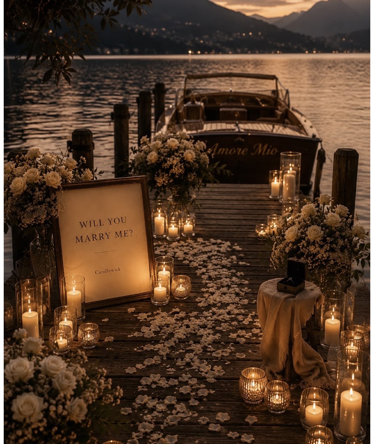 Candlelit waterfront proposal setting with white roses, rose petals and a Will You Marry Me sign